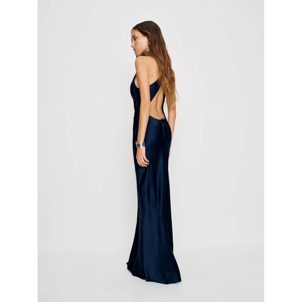 Reformation Anais Silk Maxi Dress Navy Blue Open Back High Neck Formal Gown NEW - Picture 3 of 7